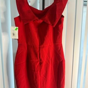 Red Sleeveless Fit-and-Flare Dress with Statement Collar